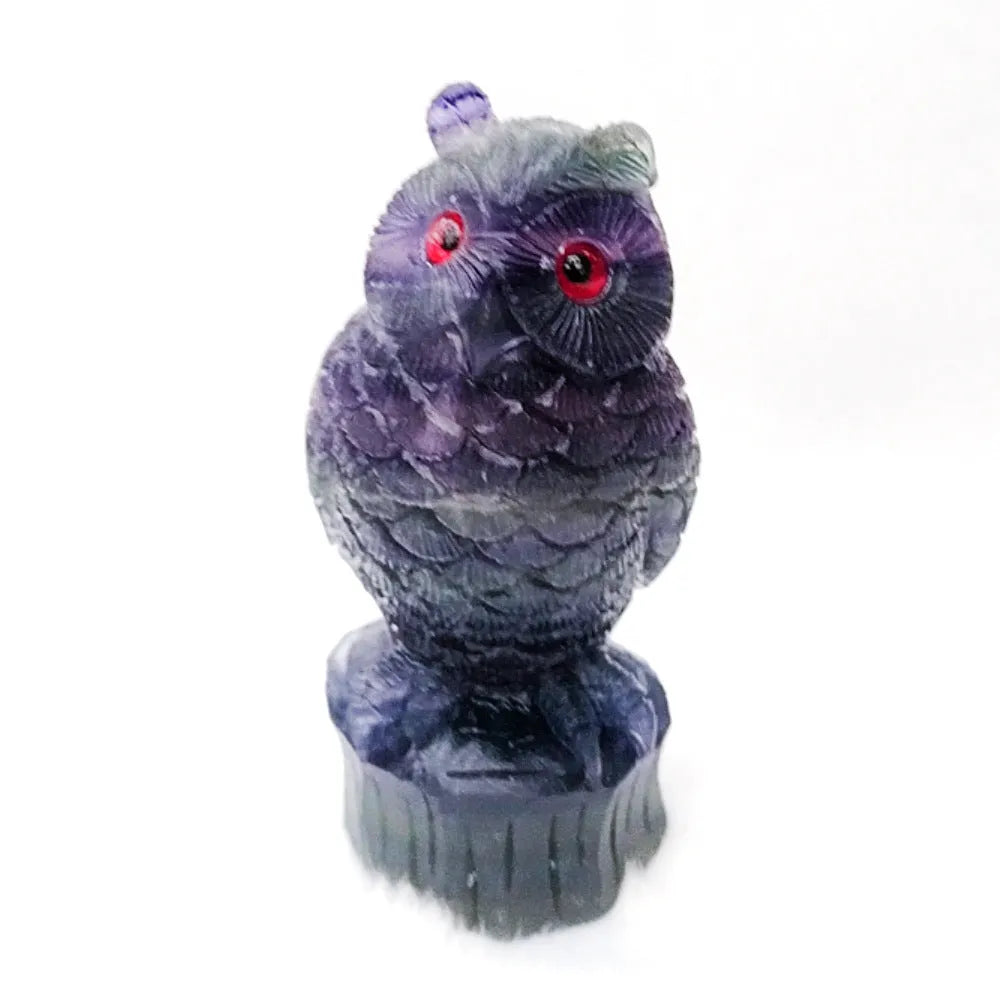 Daxiao hand carved purple fluorite owl ornament on a stand, approx 4 inches tall.