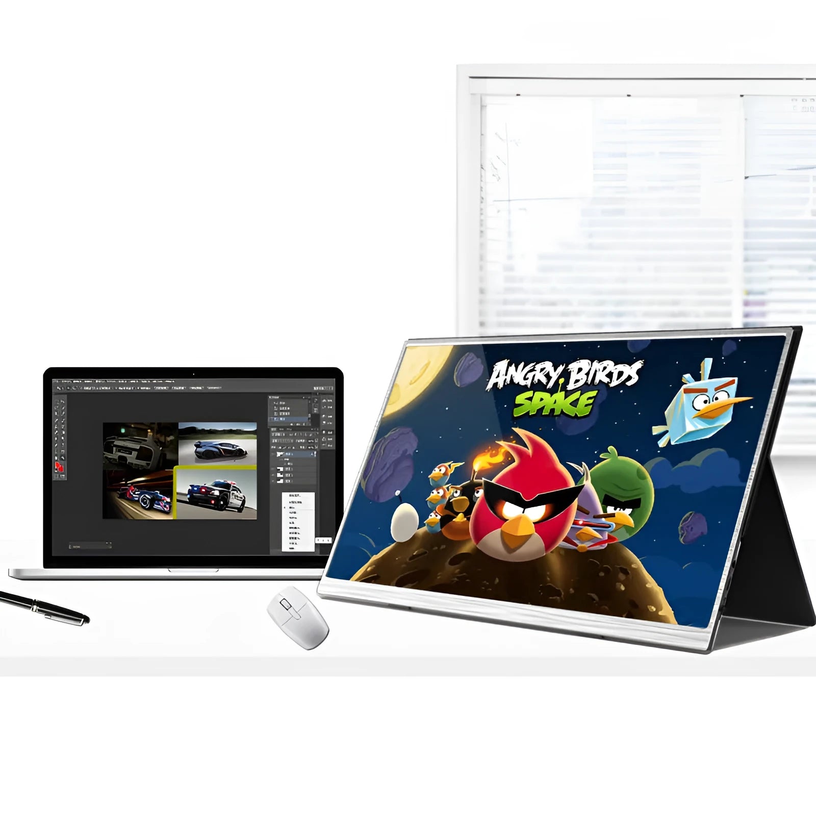 Zeuslap 15-inch ultra-thin portable IPS monitor with HDMI and USB-C cables on a table