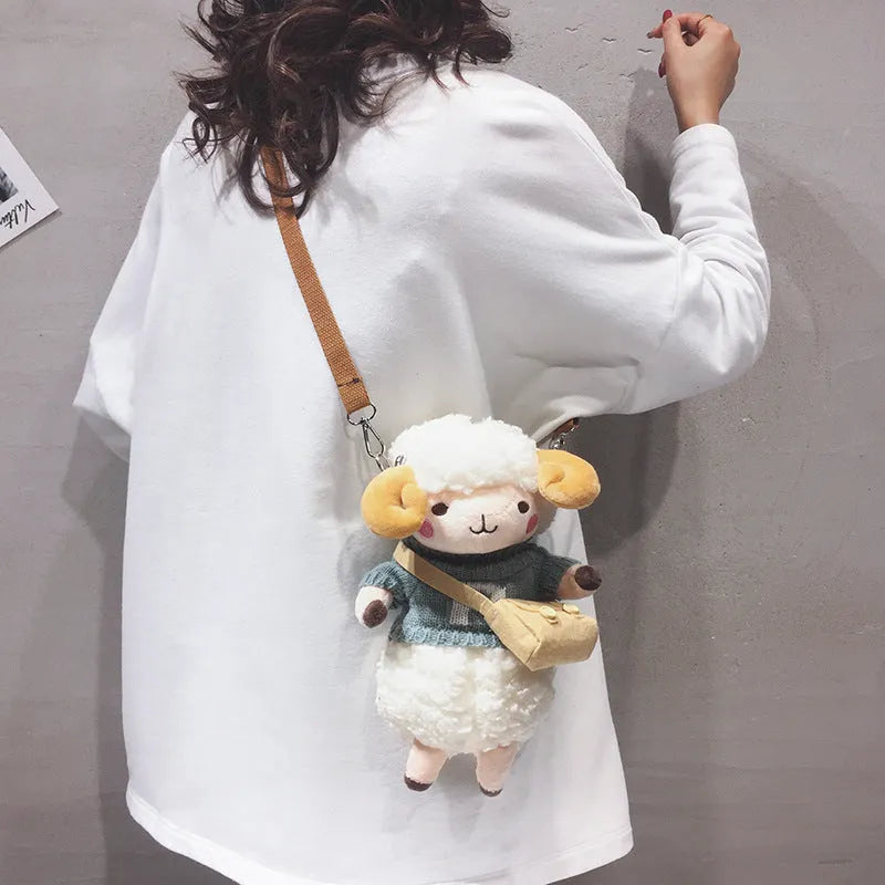 Little Sheep small plush crossbody bag with square design and lamb pattern in blue colour