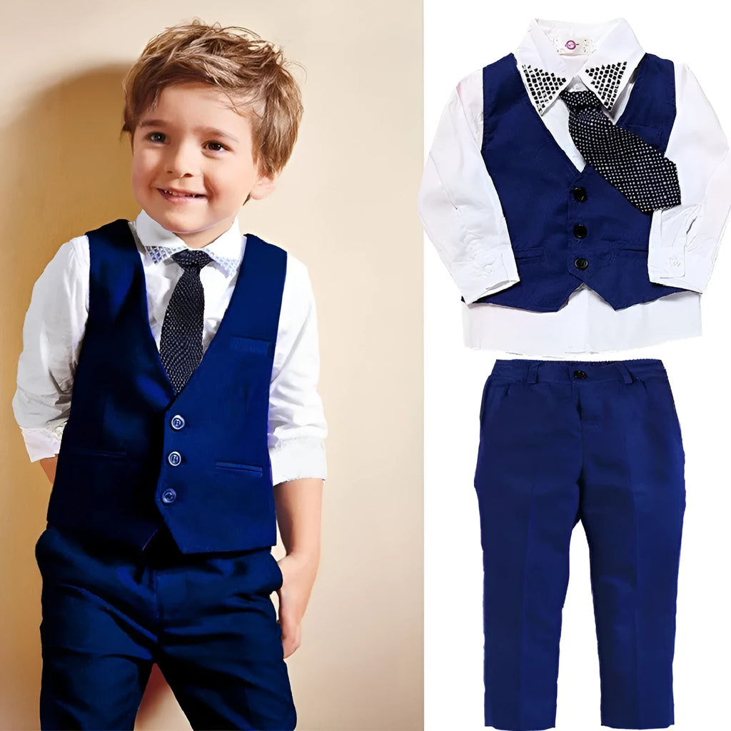 Boys' blue cotton suit set with turtleneck, waistcoat, trousers and tie for toddler smart-casual wear