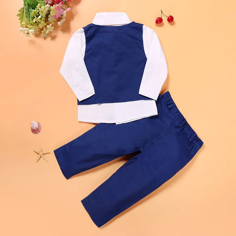 Boys' blue cotton suit set with turtleneck, waistcoat, trousers and tie for toddler smart-casual wear