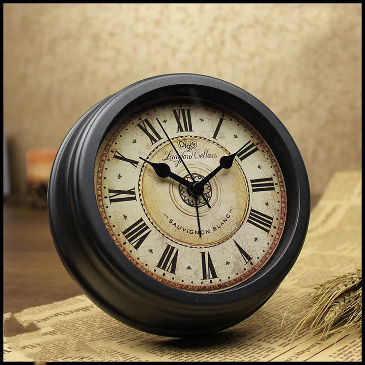 Round 6-inch European retro desk clock with silent alarm on wooden surface