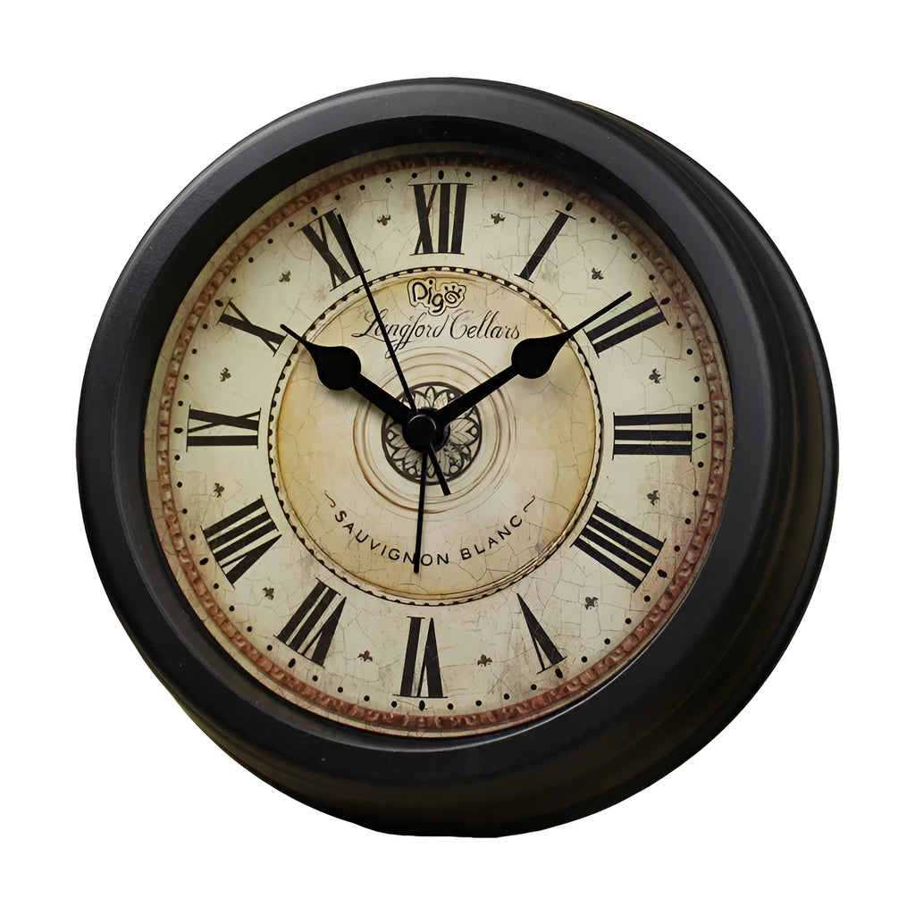 Round 6-inch European retro desk clock with silent alarm on wooden surface
