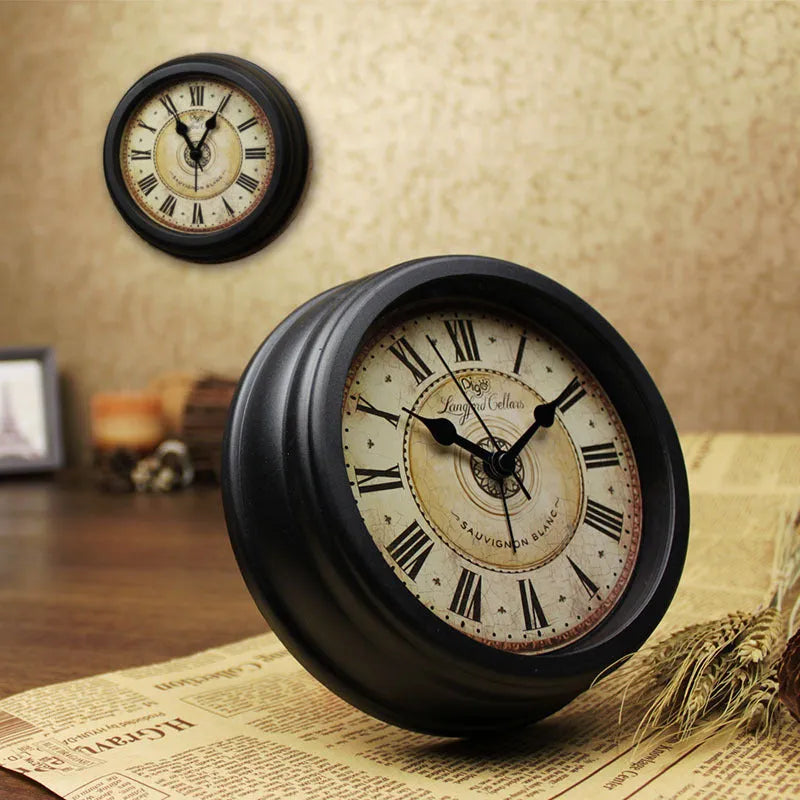 Round 6-inch European retro desk clock with silent alarm on wooden surface