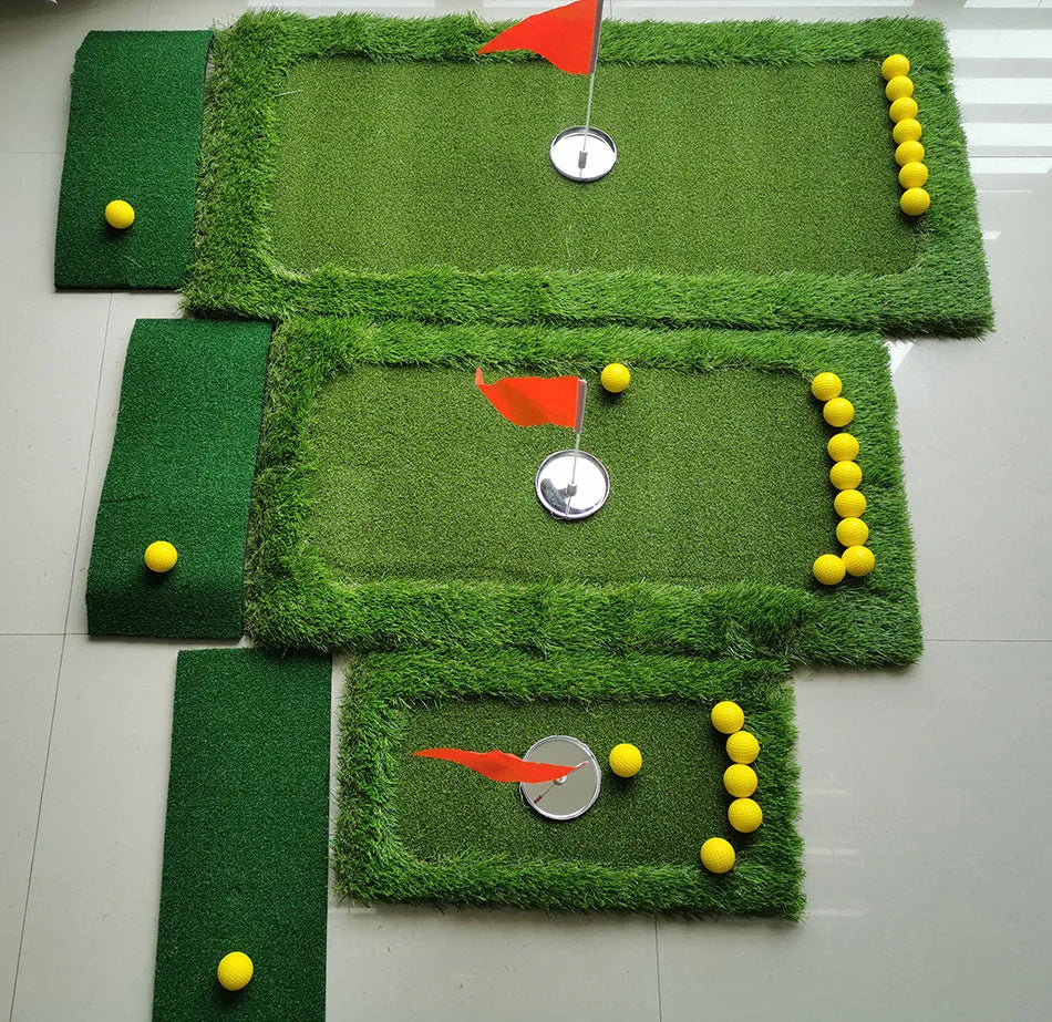 Green rectangular golf practice mat with a textured grass-like surface on a cushioned base.