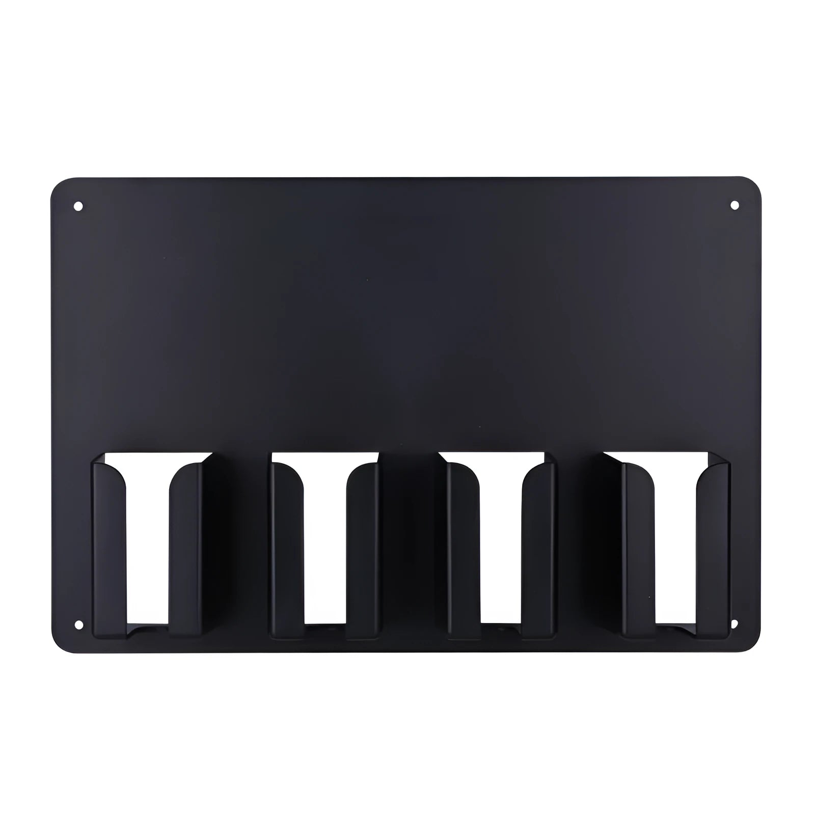 Black plastic wall-mounted rack holding four electric hair clippers for salon or home storage