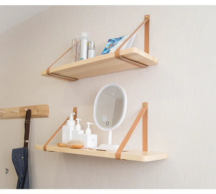 Pine wood wall storage rack with Nordic style measuring 50cm wide for remote controls and cosmetics