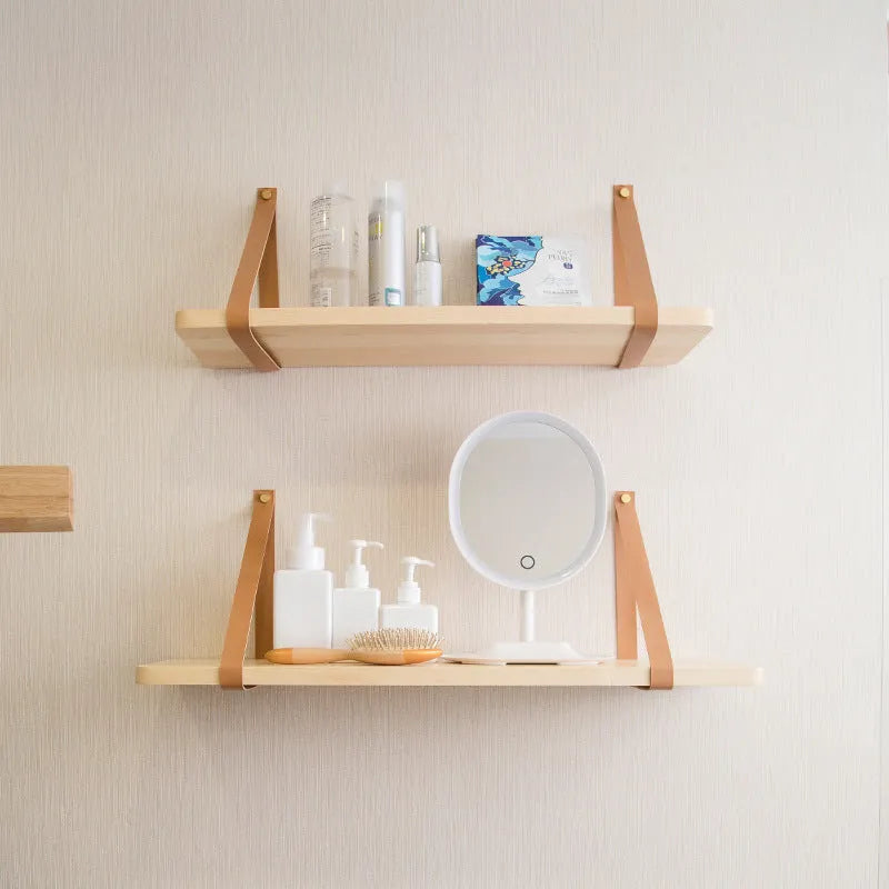 Pine wood wall storage rack with Nordic style measuring 50cm wide for remote controls and cosmetics