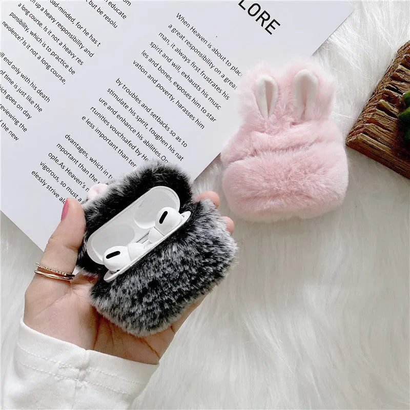 Cute pink plush rabbit ears protective silicone cover for Apple AirPods case