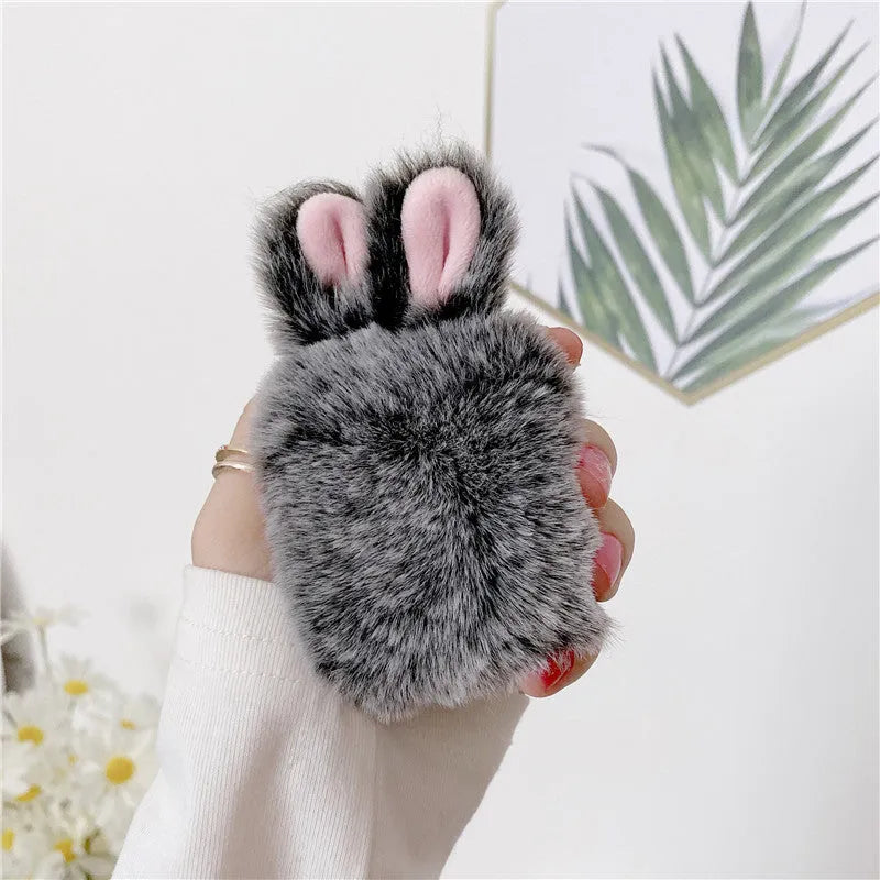 Cute pink plush rabbit ears protective silicone cover for Apple AirPods case