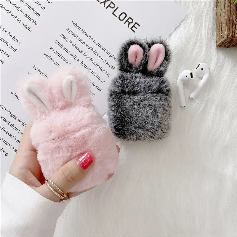 Cute pink plush rabbit ears protective silicone cover for Apple AirPods case