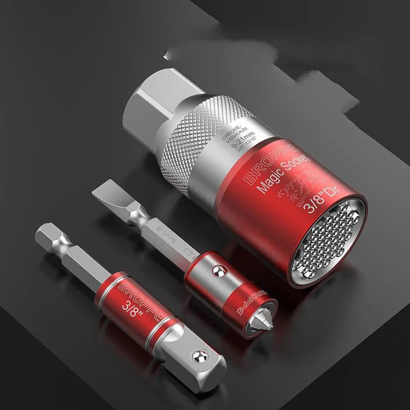 Red chrome vanadium steel socket wrench set with universal sleeves for 7-21mm metric fasteners
