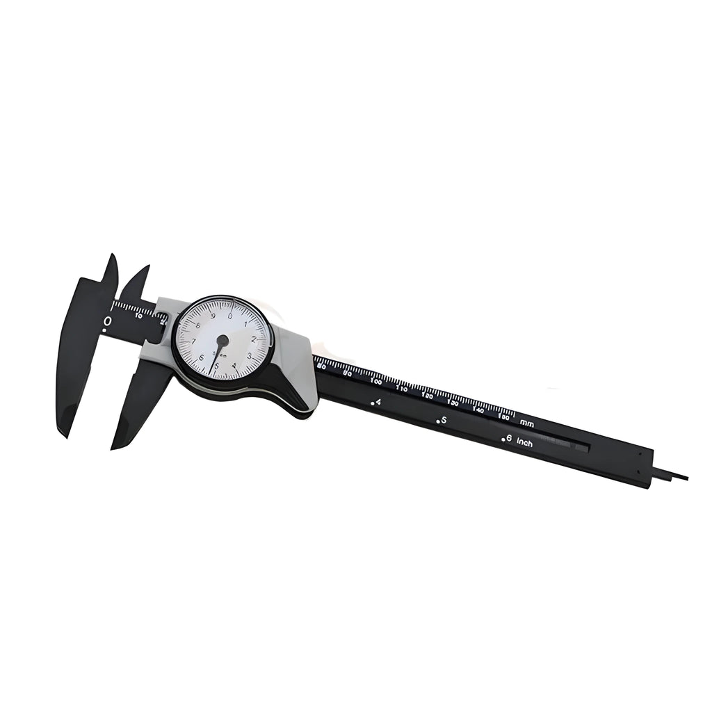Black plastic vernier caliper showing 0-150mm measurement scale with stainless steel jaw