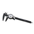 Black plastic vernier caliper showing 0-150mm measurement scale with stainless steel jaw