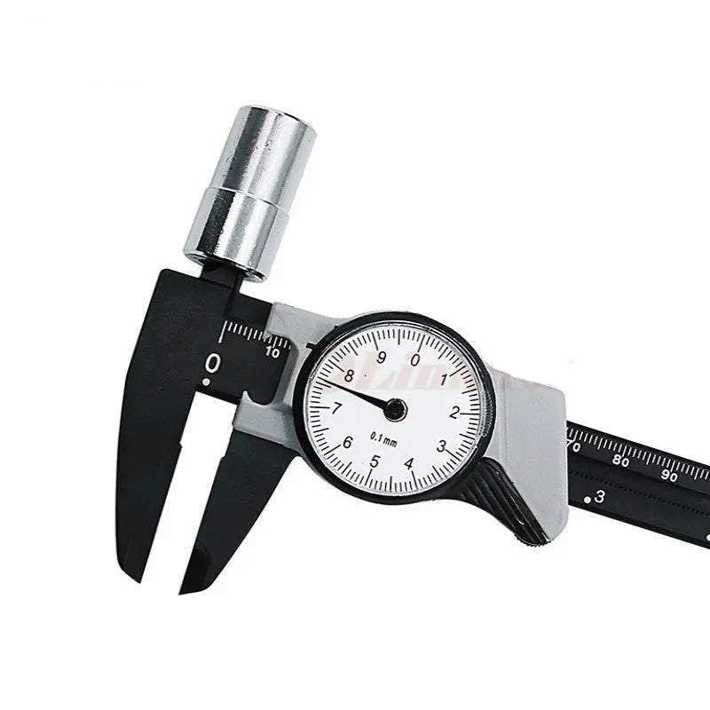 Black plastic vernier caliper showing 0-150mm measurement scale with stainless steel jaw