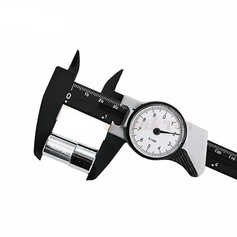 Black plastic vernier caliper showing 0-150mm measurement scale with stainless steel jaw