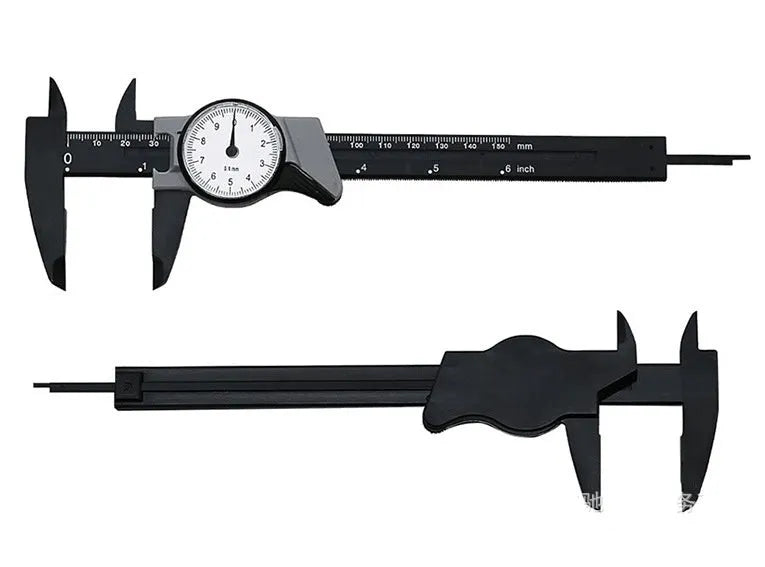 Black plastic vernier caliper showing 0-150mm measurement scale with stainless steel jaw