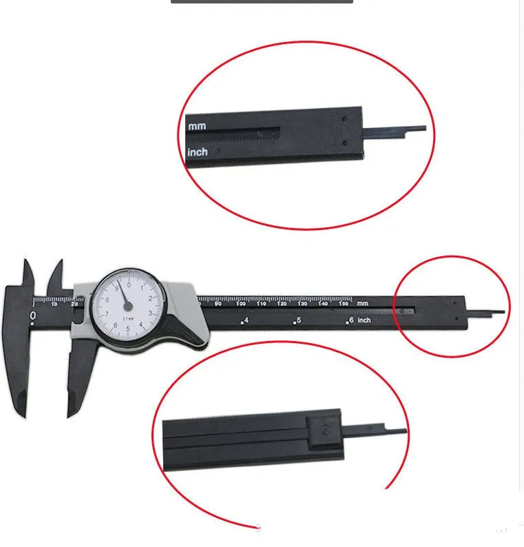Black plastic vernier caliper showing 0-150mm measurement scale with stainless steel jaw