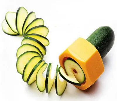 Yellow and green plastic spiral vegetable cutter for cucumbers measuring 8cm diameter