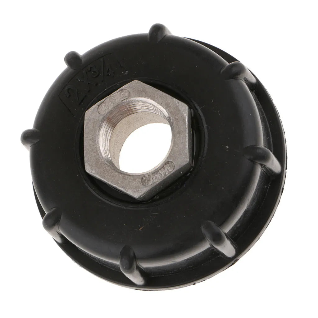 Black chemical barrel joint connector with threaded inlet and pipe outlet for ton barrels