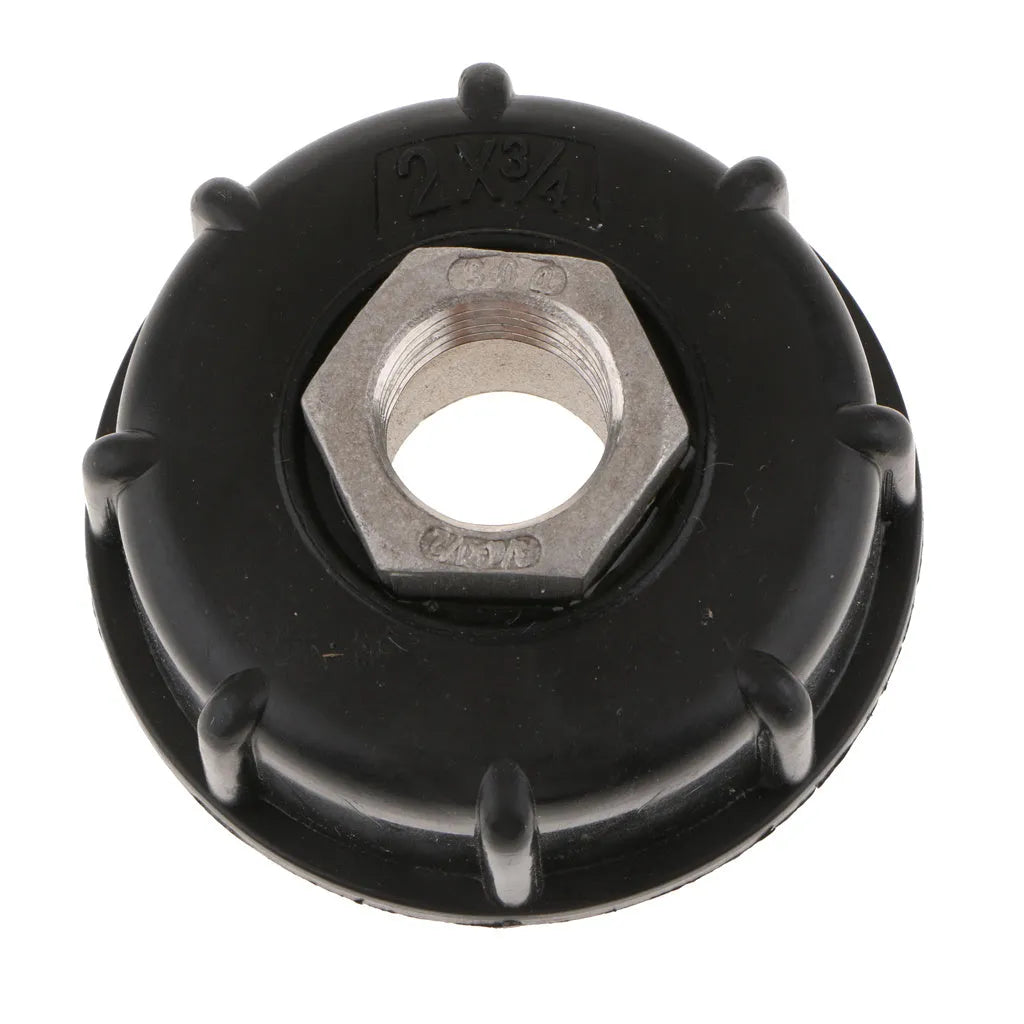 Black chemical barrel joint connector with threaded inlet and pipe outlet for ton barrels