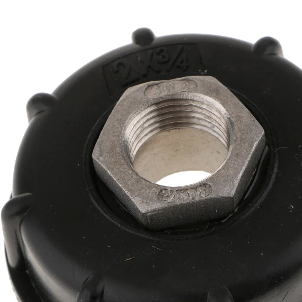 Black chemical barrel joint connector with threaded inlet and pipe outlet for ton barrels