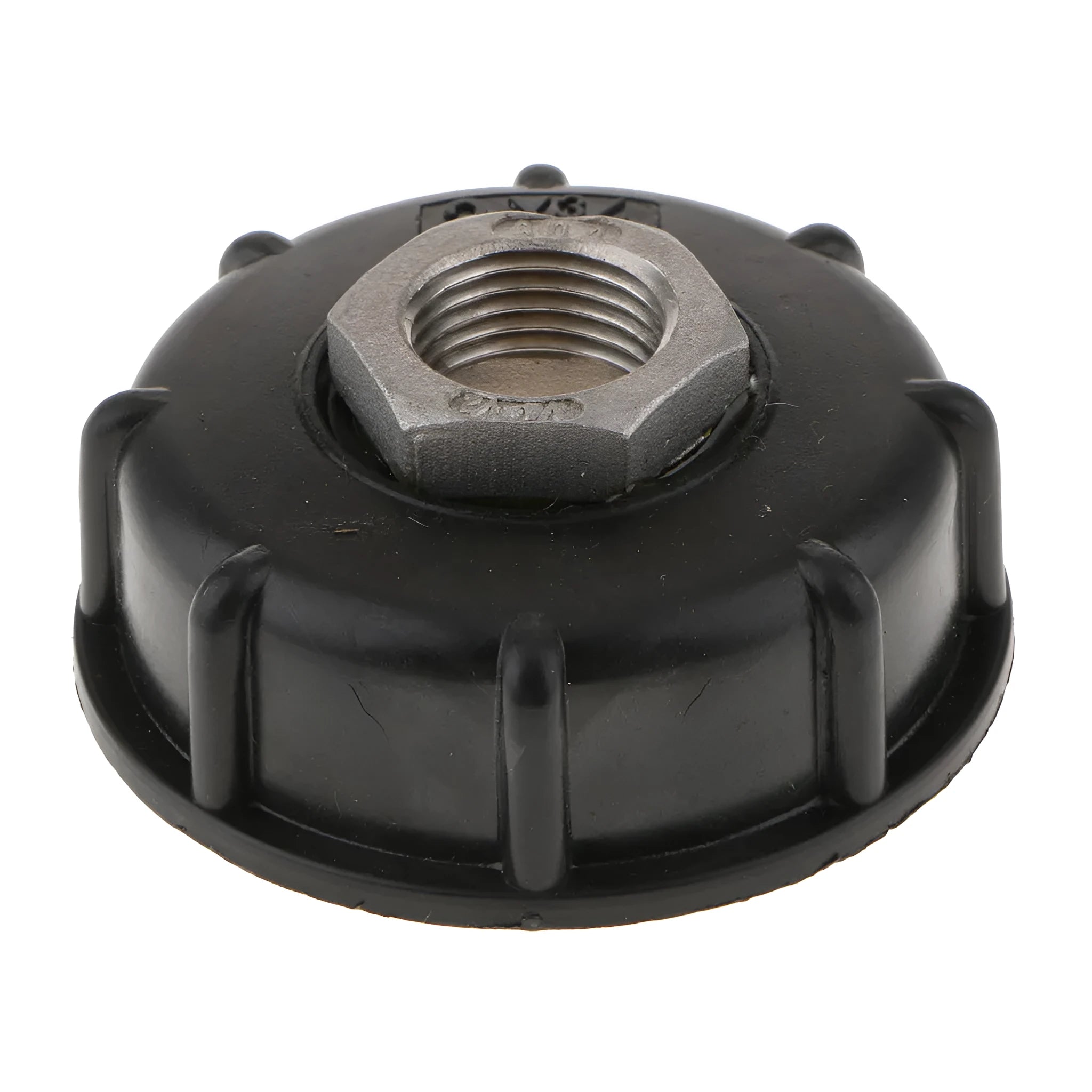 Black chemical barrel joint connector with threaded inlet and pipe outlet for ton barrels