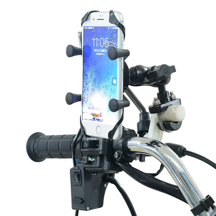 Black aluminium alloy motorcycle phone mount bracket installed on handlebar with mobile phone