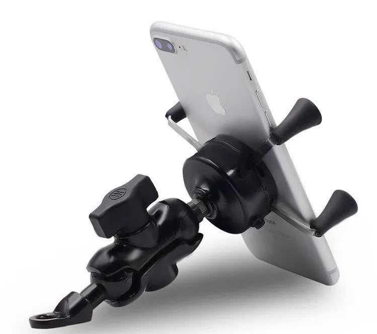 Black aluminium alloy motorcycle phone mount bracket installed on handlebar with mobile phone