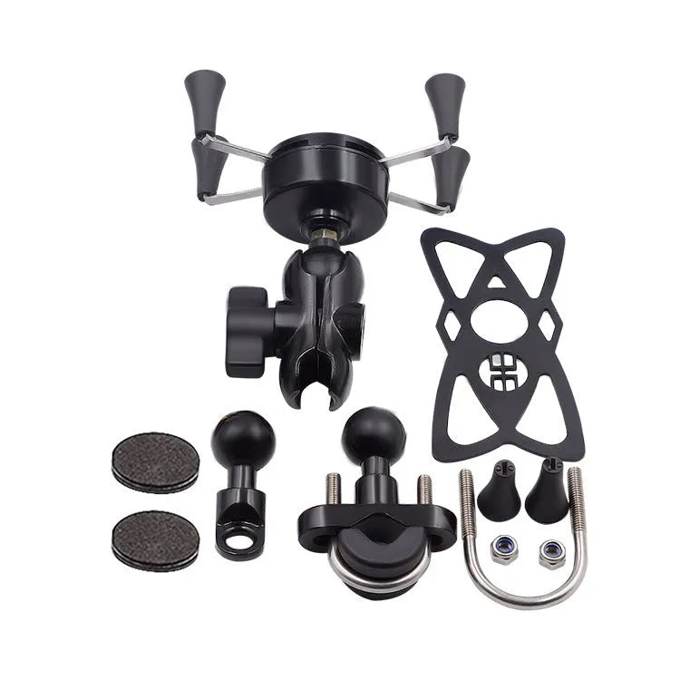Black aluminium alloy motorcycle phone mount bracket installed on handlebar with mobile phone