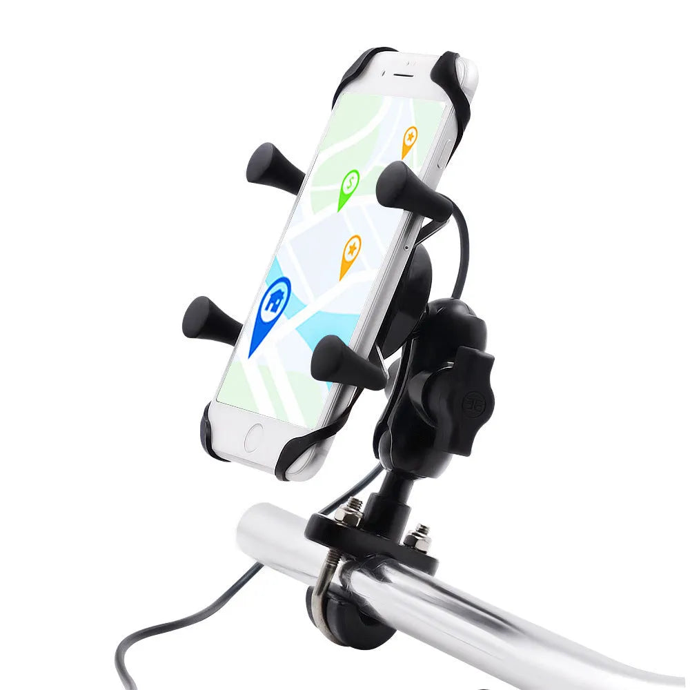 Black aluminium alloy motorcycle phone mount bracket installed on handlebar with mobile phone