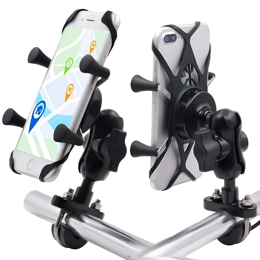 Black aluminium alloy motorcycle phone mount bracket installed on handlebar with mobile phone