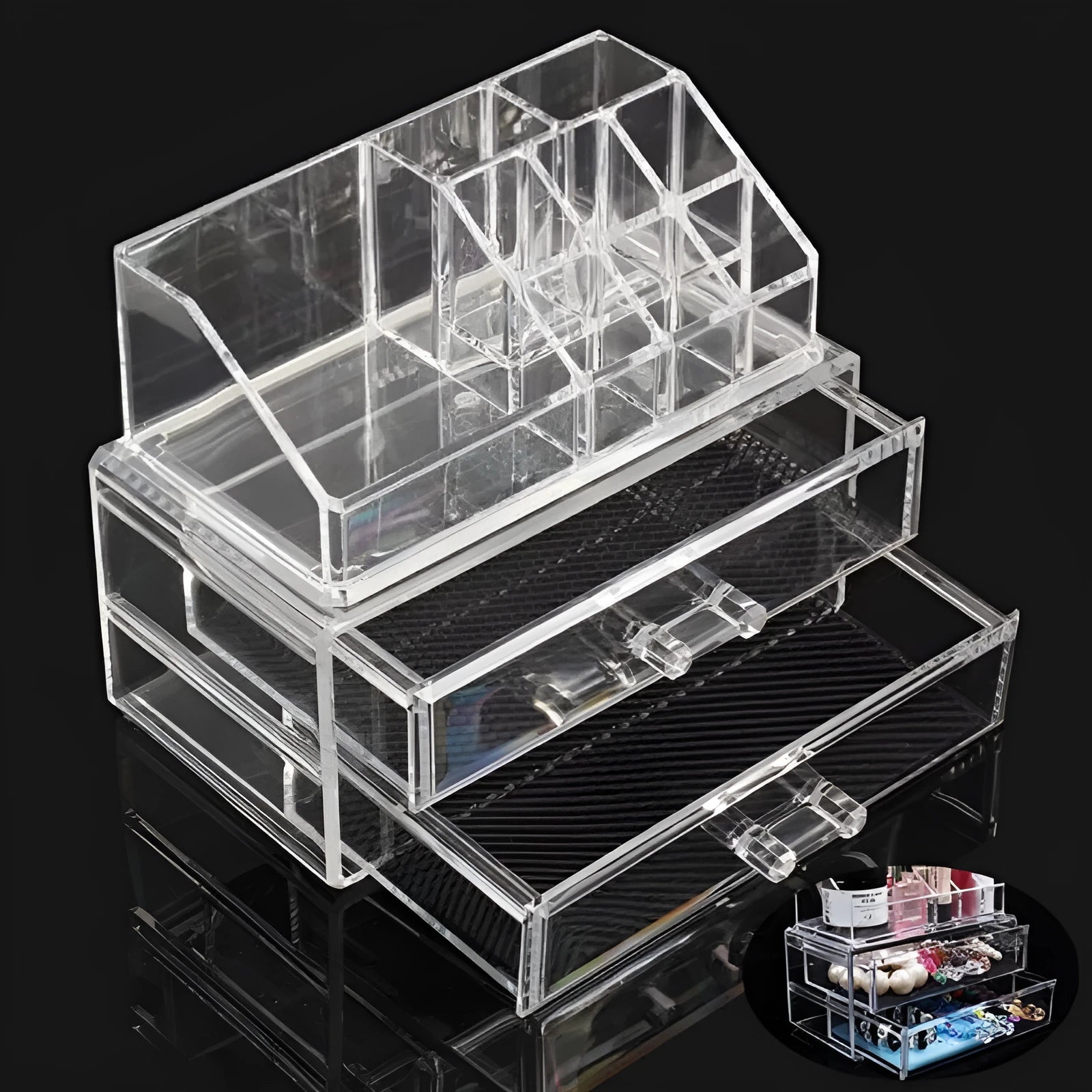 Transparent acrylic makeup storage box with foldable design measuring 240x150x190mm