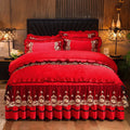 Three-piece lace bedskirt set with polar fleece fabric and matching pillowcases in blue