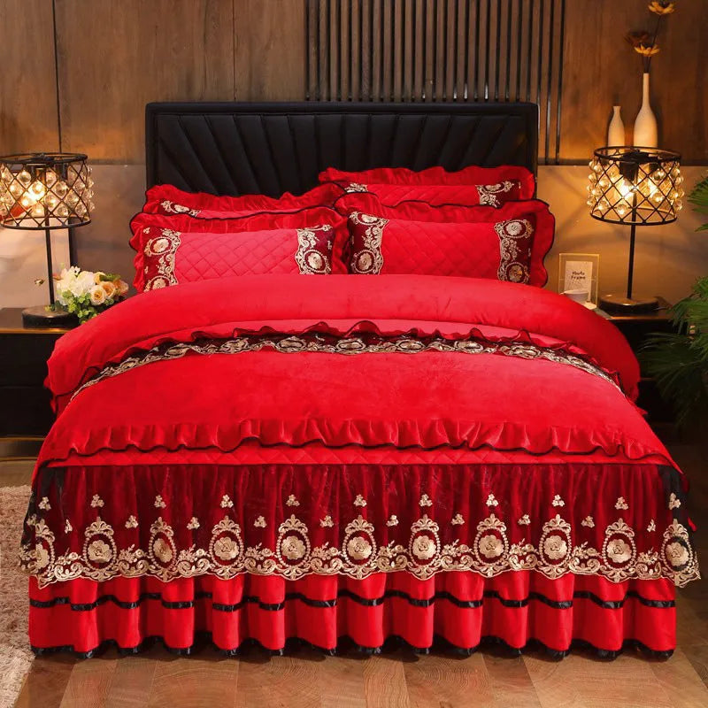 Three-piece lace bedskirt set with polar fleece fabric and matching pillowcases in blue