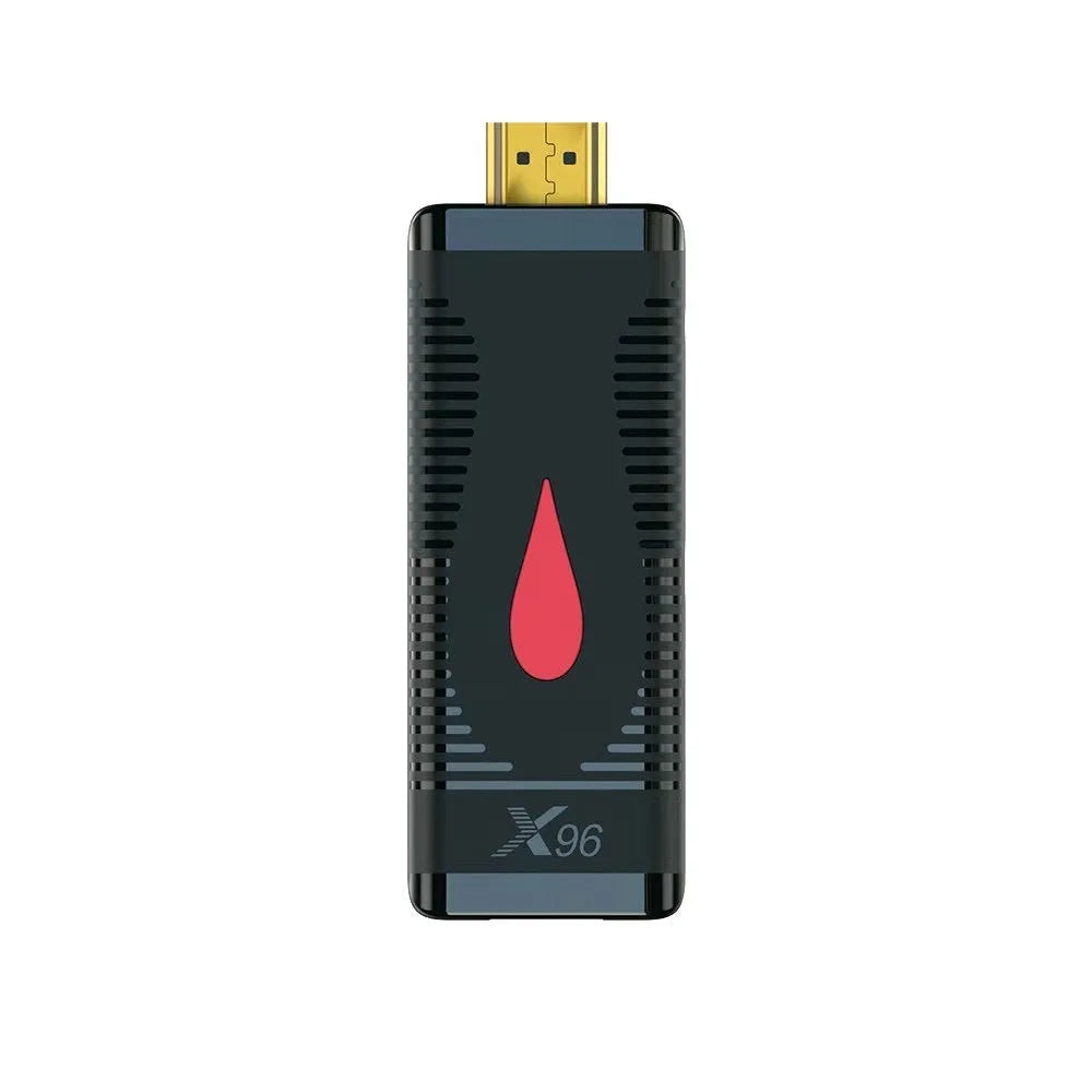 Android TV stick dongle with Allwinner H313 processor, remote control, HDMI cable and power adapter.