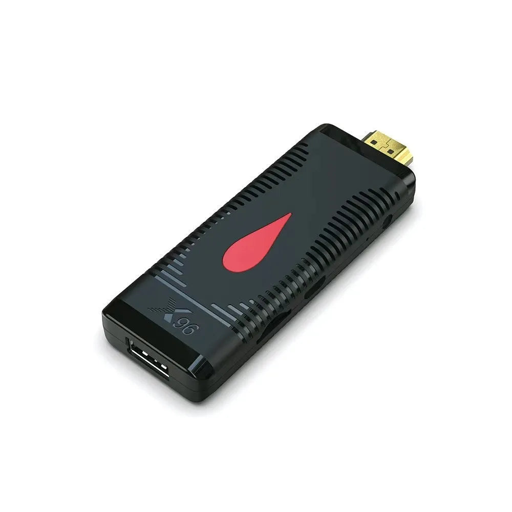 Android TV stick dongle with Allwinner H313 processor, remote control, HDMI cable and power adapter.