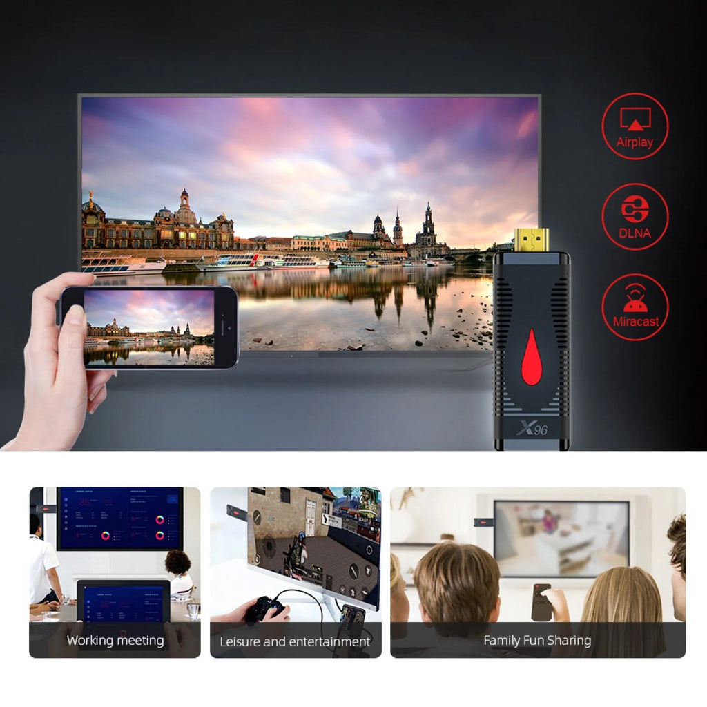 Android TV stick dongle with Allwinner H313 processor, remote control, HDMI cable and power adapter.