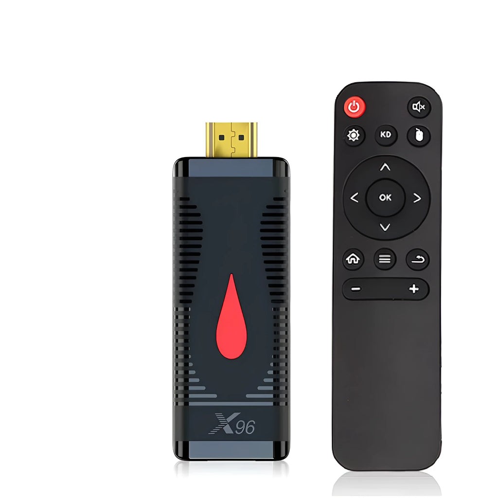 Android TV stick dongle with Allwinner H313 processor, remote control, HDMI cable and power adapter.