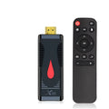 Android TV stick dongle with Allwinner H313 processor, remote control, HDMI cable and power adapter.