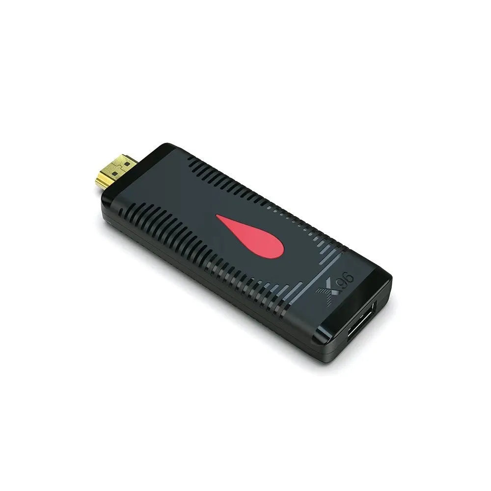 Android TV stick dongle with Allwinner H313 processor, remote control, HDMI cable and power adapter.