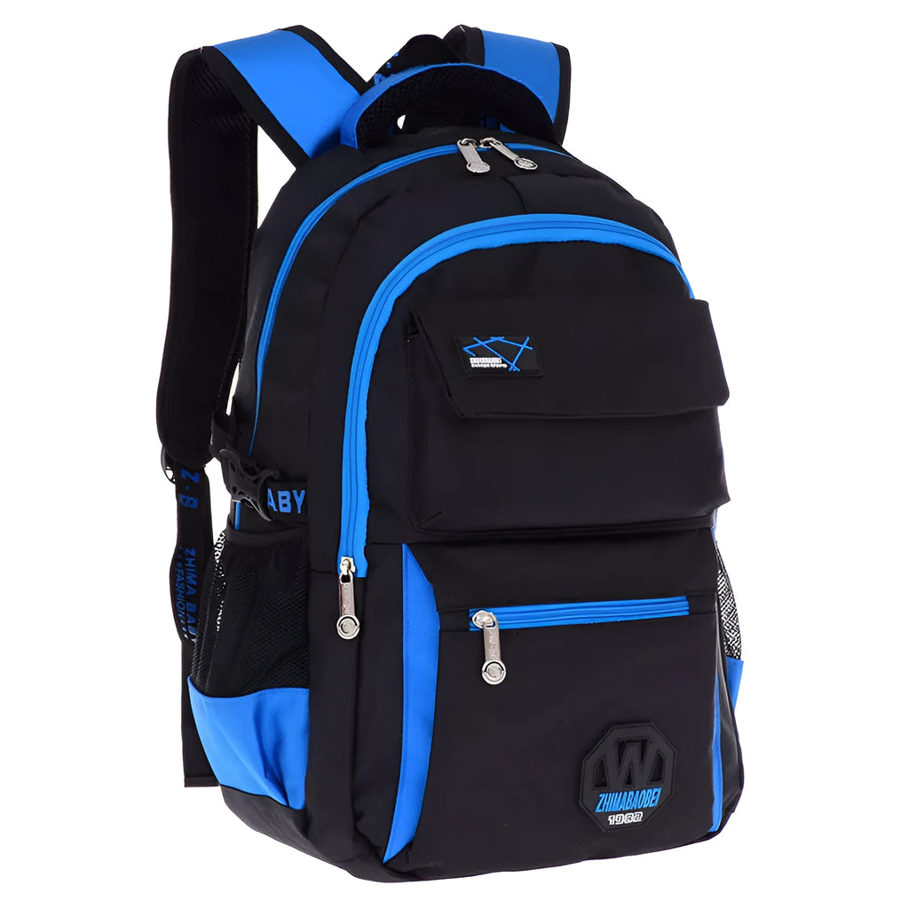 Waterproof nylon school backpack with side mesh pockets in multiple colour options for students