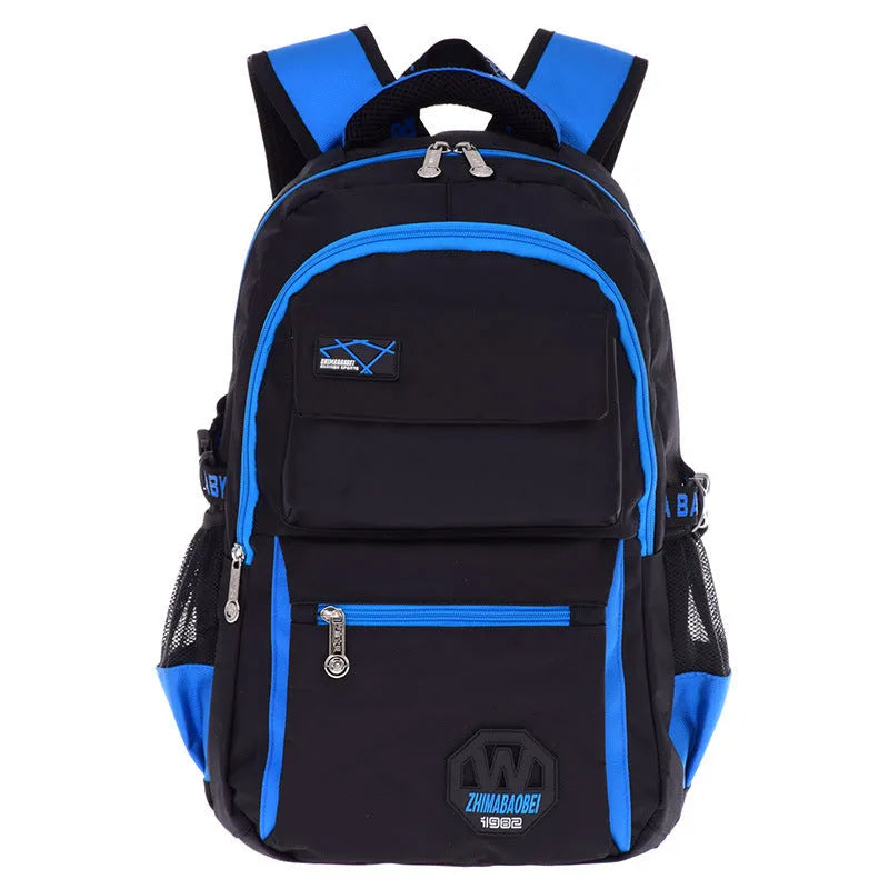 Waterproof nylon school backpack with side mesh pockets in multiple colour options for students
