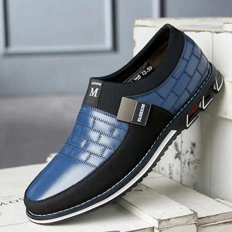 Men's blue casual low-top leather shoes shown on a white background, highlighting the wide size range.