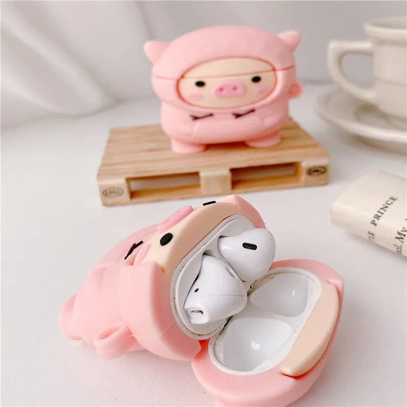 Pink pig cartoon design silicone cover for Apple AirPods 1, 2 and Pro charging case with attachment hook