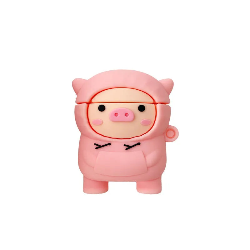 Pink pig cartoon design silicone cover for Apple AirPods 1, 2 and Pro charging case with attachment hook