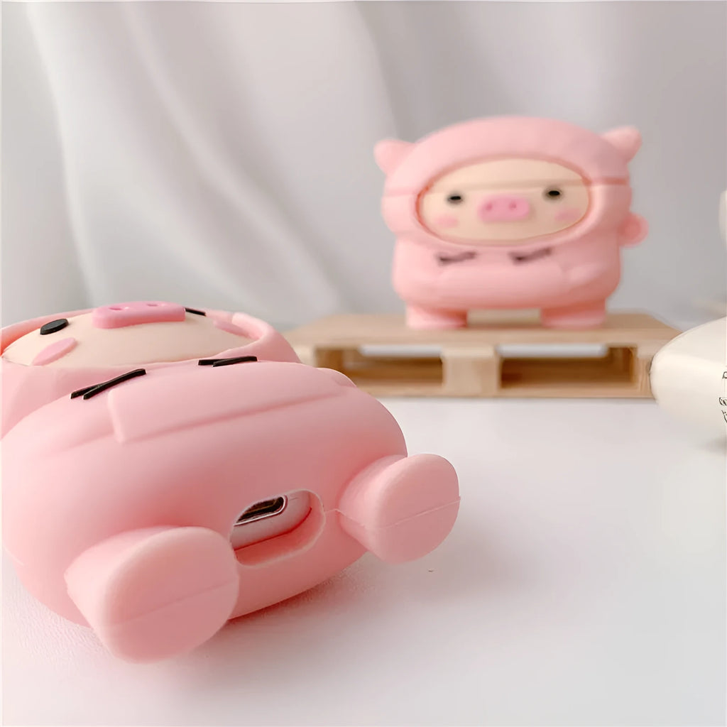 Pink pig cartoon design silicone cover for Apple AirPods 1, 2 and Pro charging case with attachment hook