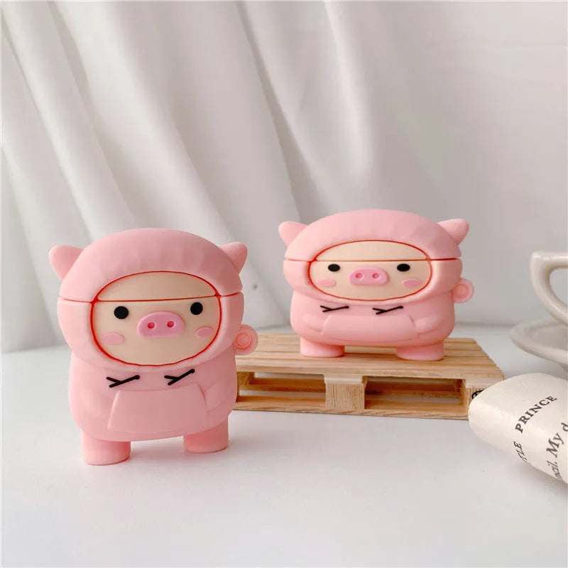 Pink pig cartoon design silicone cover for Apple AirPods 1, 2 and Pro charging case with attachment hook