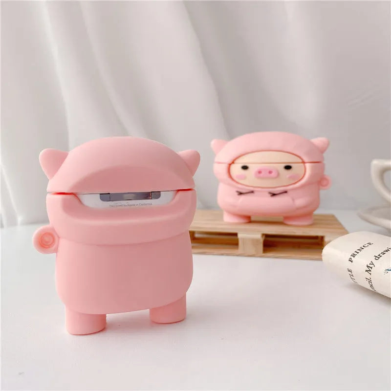 Pink pig cartoon design silicone cover for Apple AirPods 1, 2 and Pro charging case with attachment hook