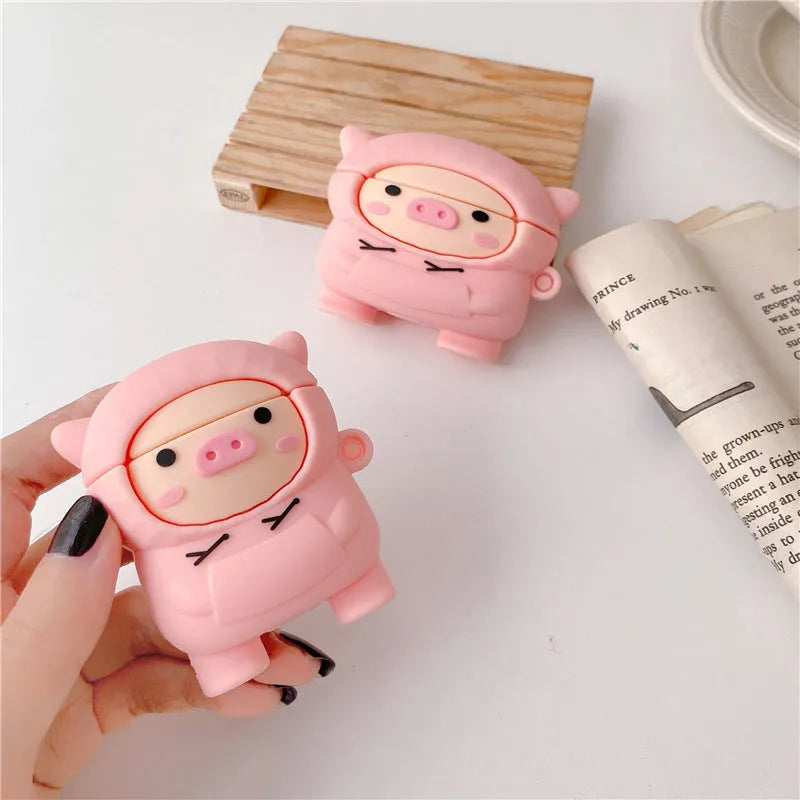 Pink pig cartoon design silicone cover for Apple AirPods 1, 2 and Pro charging case with attachment hook